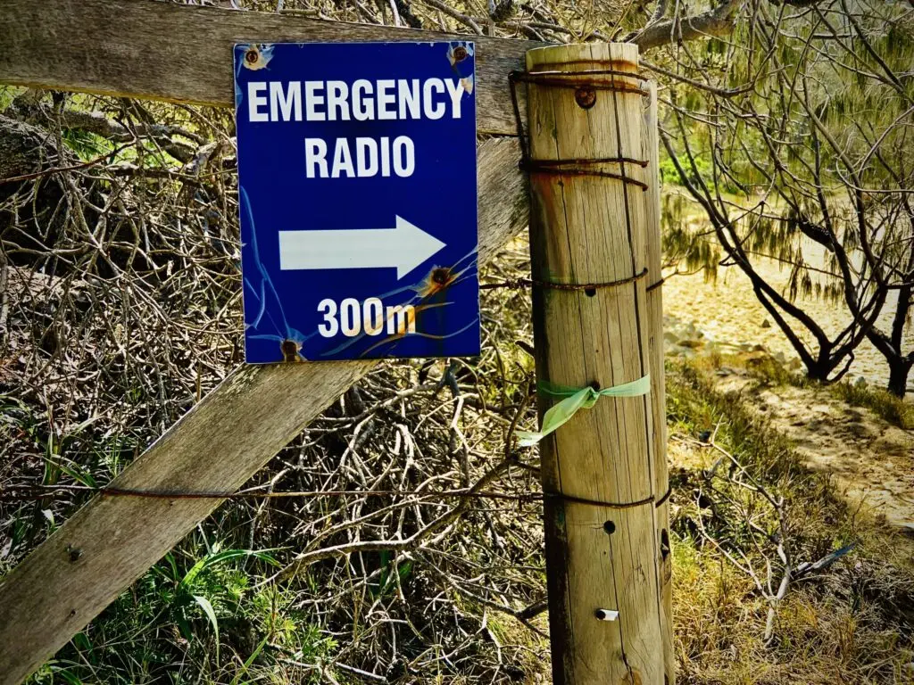 This sign shows a symbol for emergency radio; this technology can be a lifeline, including when no other communications are available.